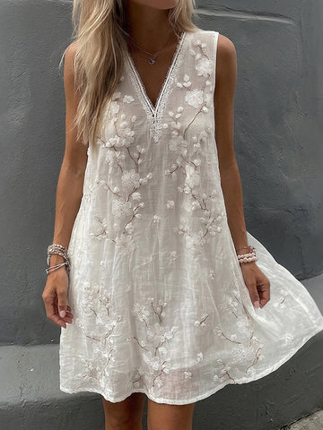 Women's Vintage Floral Art V-neck Sleeveless Flowy Midi Dress