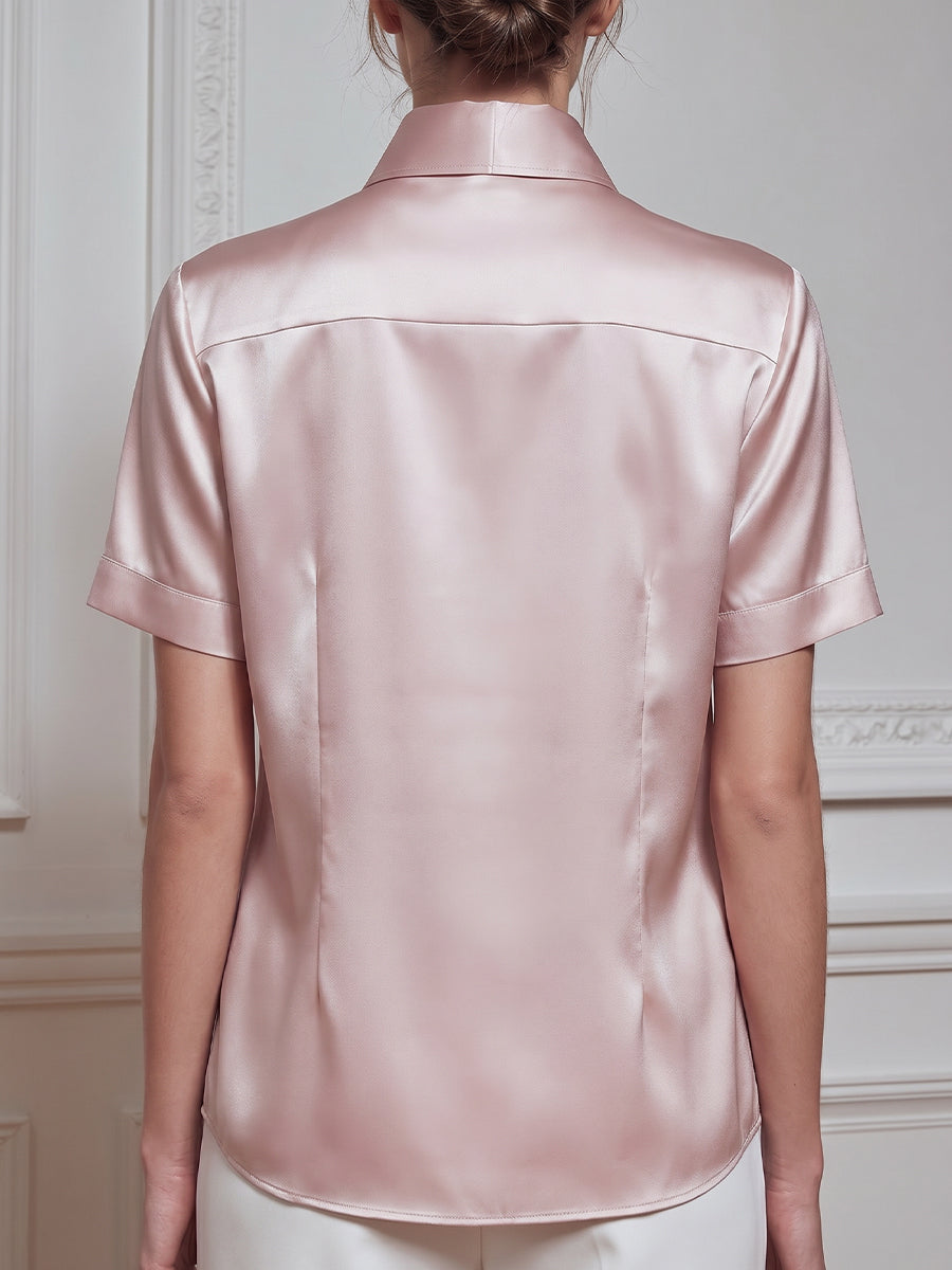 Floral Embroidered Button-Front Short Sleeve Satin Blouse