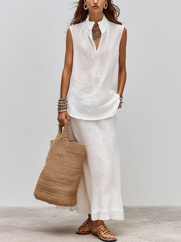Resort-style White Linen Sleeveless Shirt And Skirt Set
