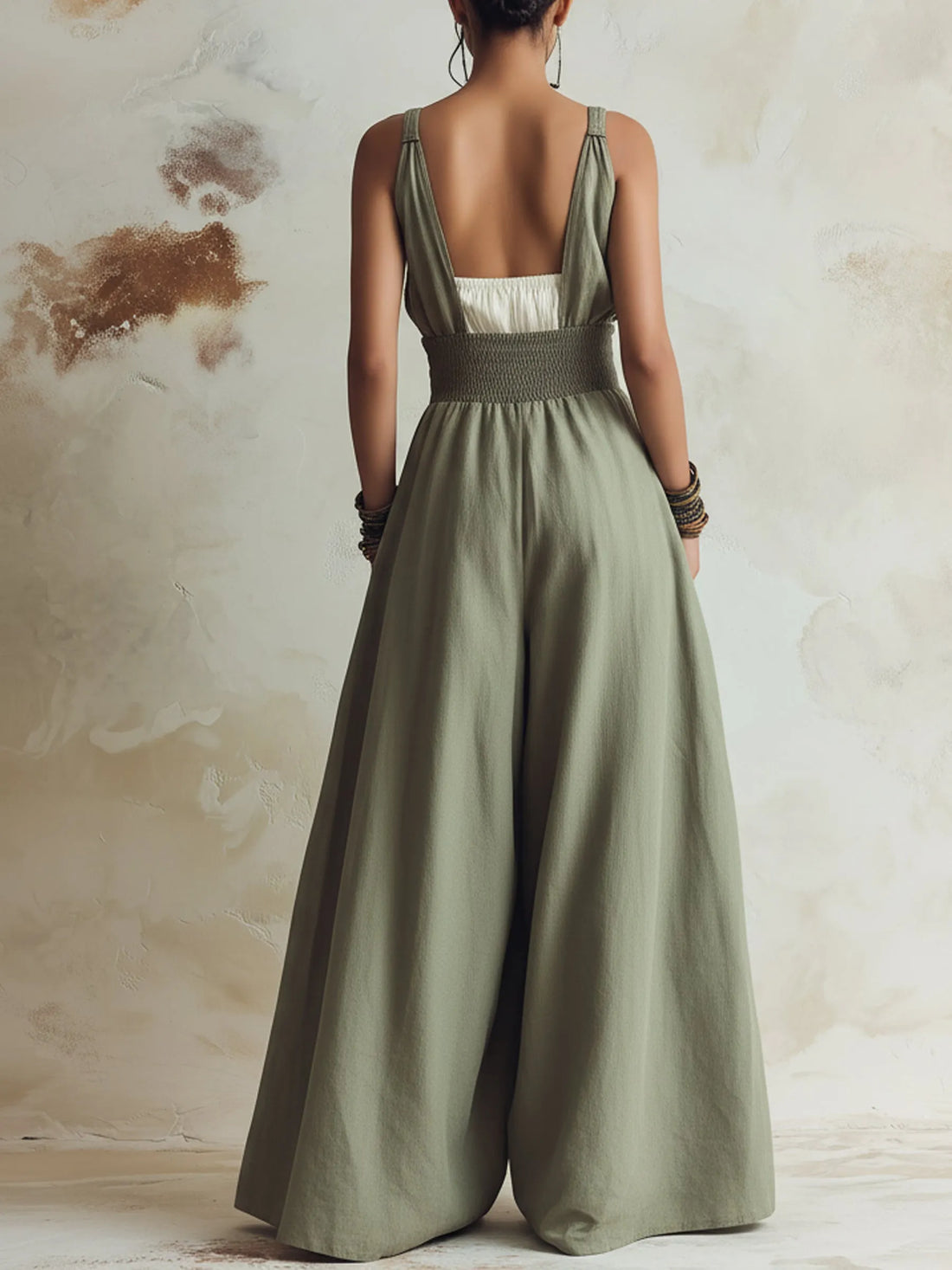 Olive Green Smocked Waist Wide-Leg Linen Jumpsuit With Pockets
