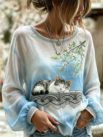 Sleeping Cat Under Floral Tree Japanese Gradient Flowy Linen Tunic