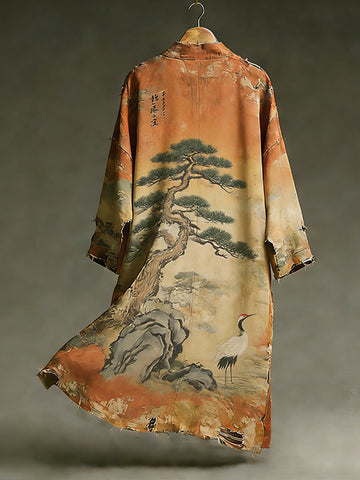Men's Retro Crane And Pine Tree Art Linen Kimono