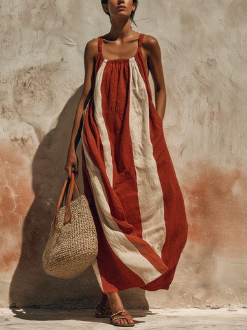 Sleeveless Striped Linen Maxi Dress — Casual & Relaxed Resort Style