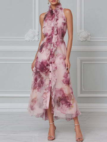 Ethereal Mauve Floral Chiffon Maxi Dress