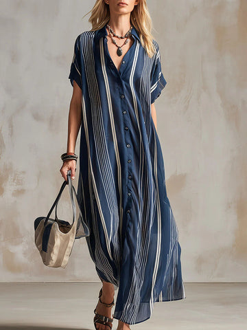 Women's Casual Loose-fit Shirt-collar Dress With Short Sleeves And Geometric Print