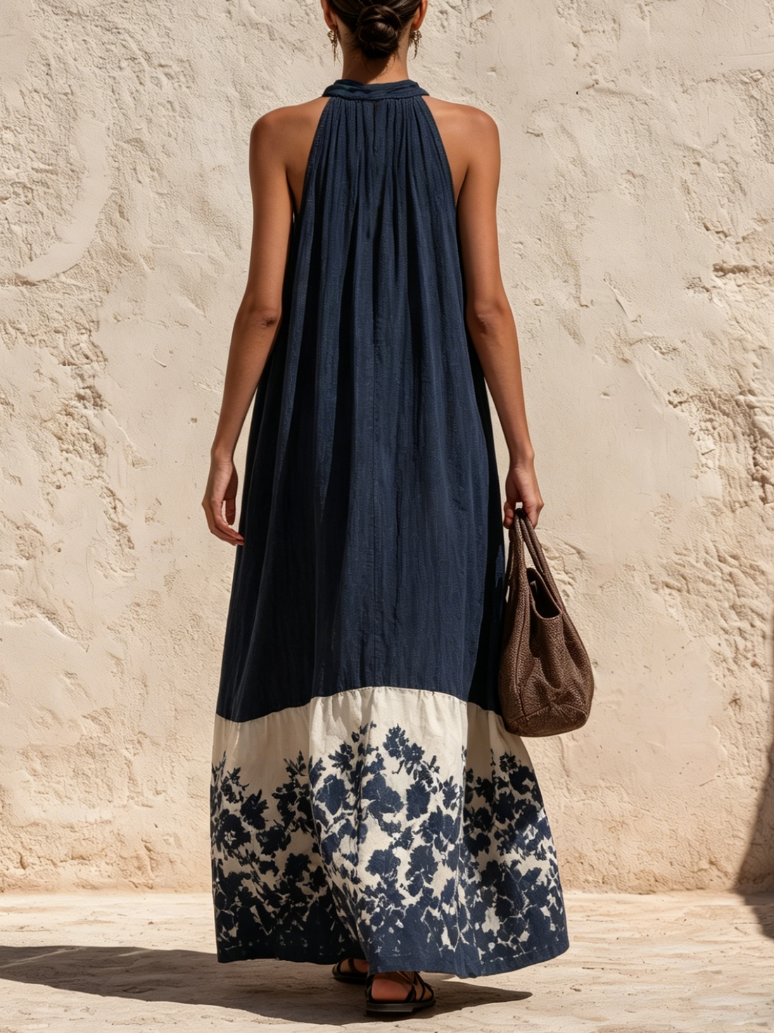 Navy Floral Border Tencel Denim Halter Neck Maxi Dress