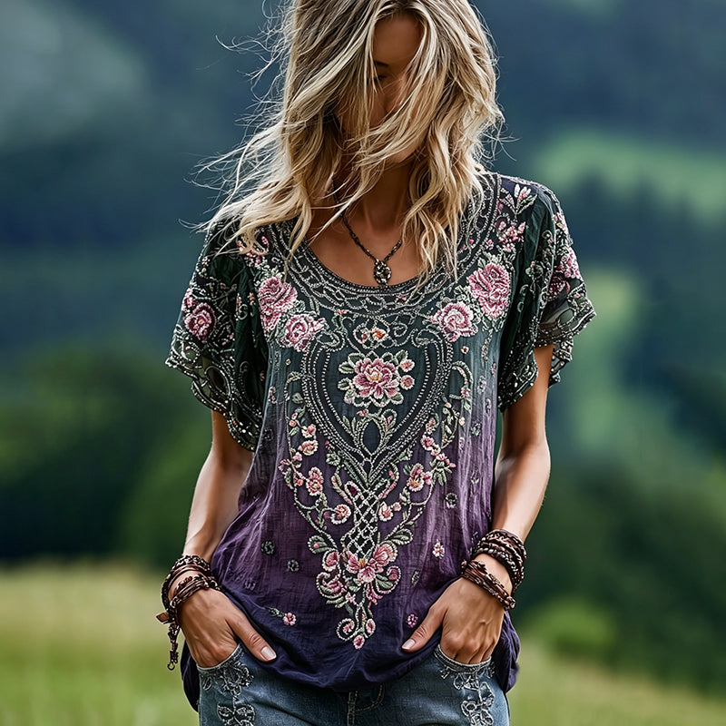 Women's Romantic Celtic Knot With Floral Art Linen Blend T-shirt
