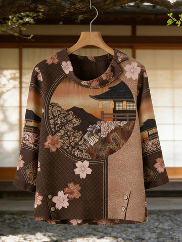 Vintage Japanese Art Pattern Cozy Linen Tunic