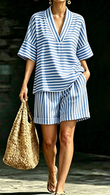 Women's Casual V-Neck Striped Loose-Fit Matching Set