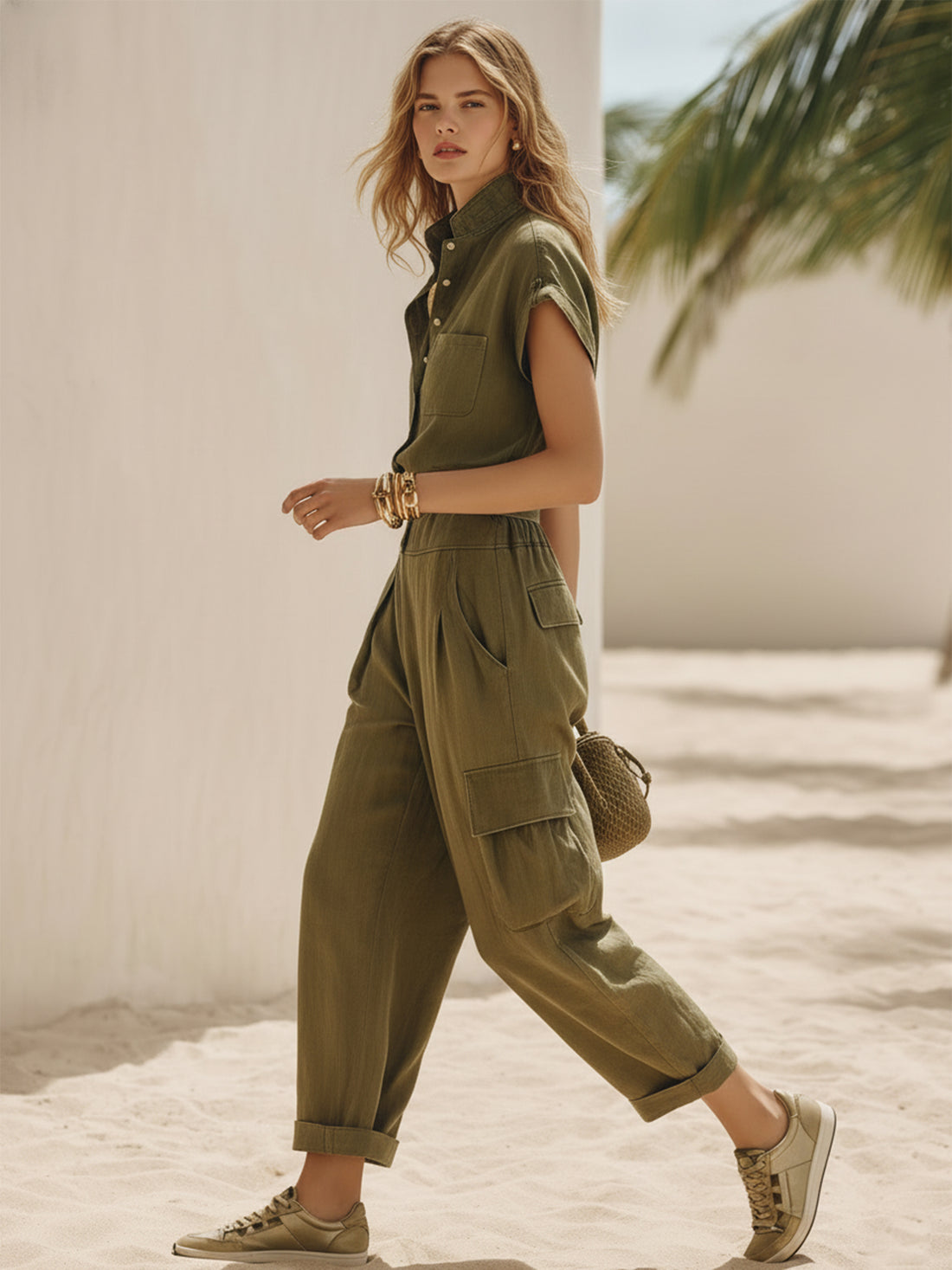 Casual Retro Vacation Olive Green Cotton Linen Short-Sleeve Shirt And Wide-Leg Pants Set
