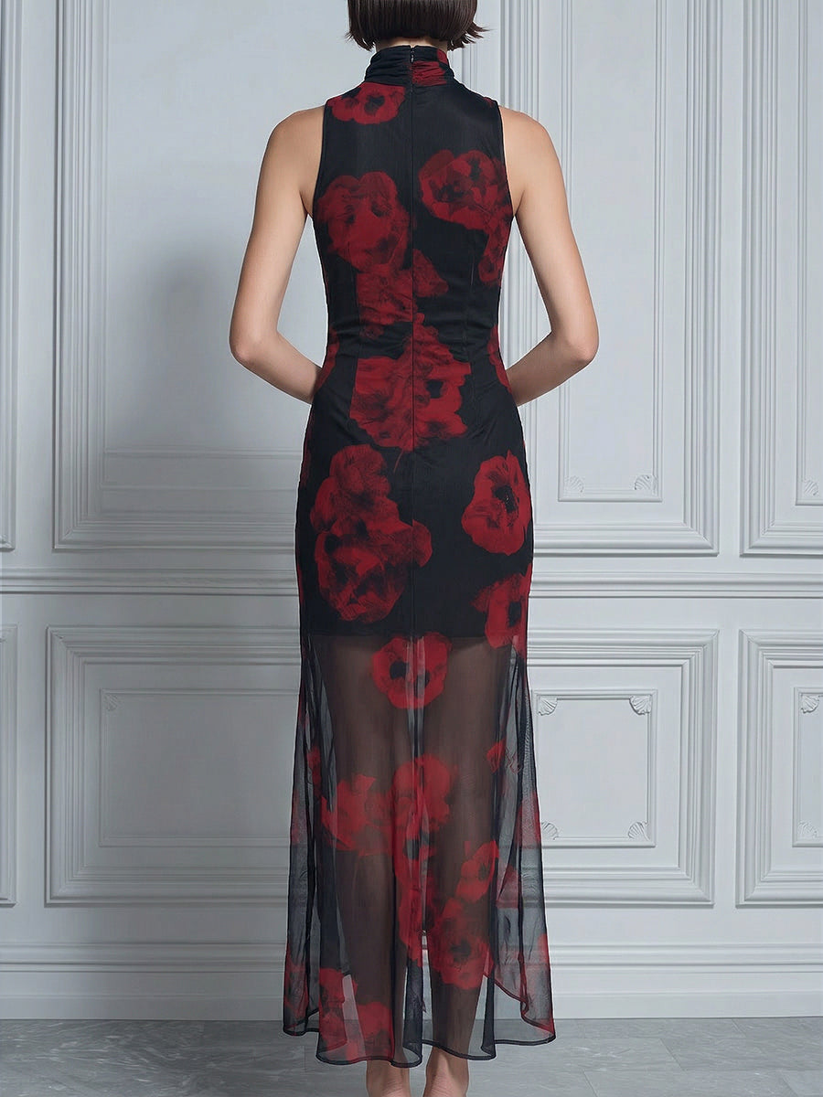Red Rose Print Mesh Ruched High Neck Midi Dress