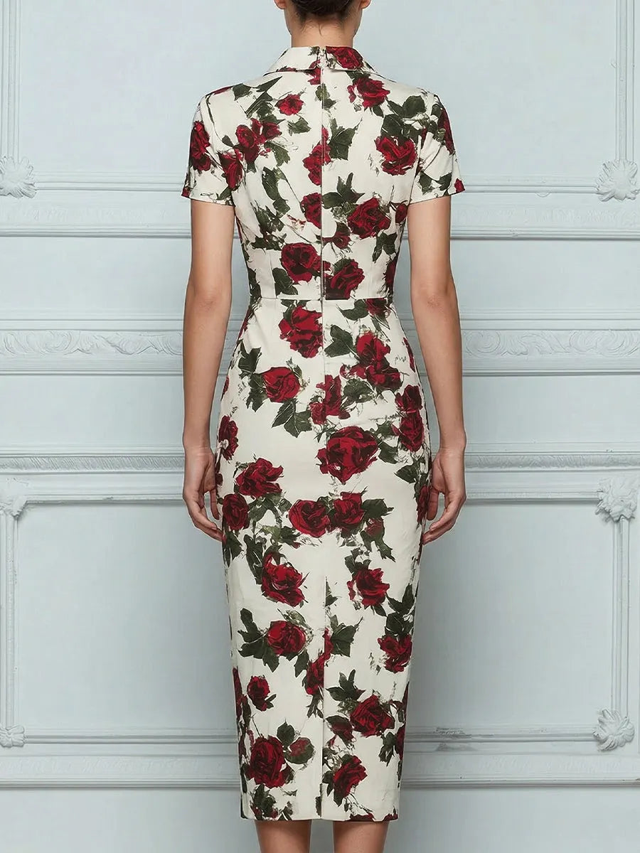 Deep V-Neck Floral Print Tailored Sheath Midi Dress