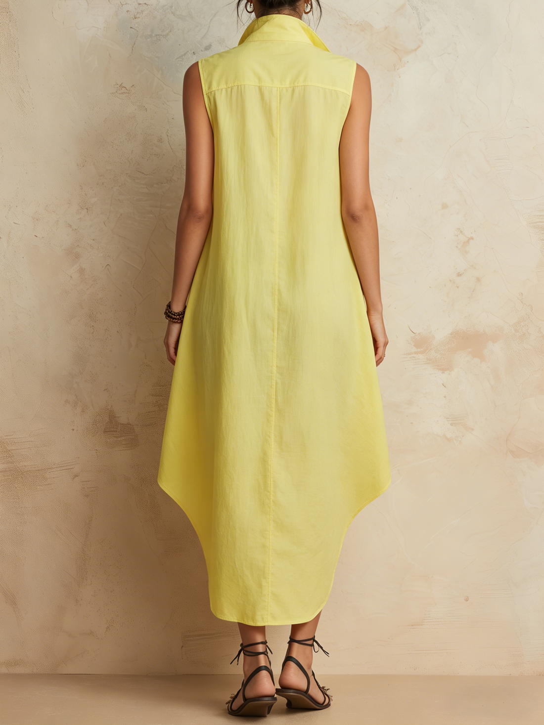 Lemon Yellow Sleeveless High-Low Shirt Dress With Cargo Pockets
