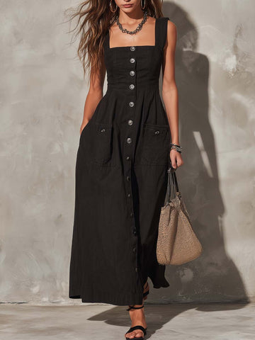 Retro Square-Neck Button-Front Cotton-Linen Midi Dress