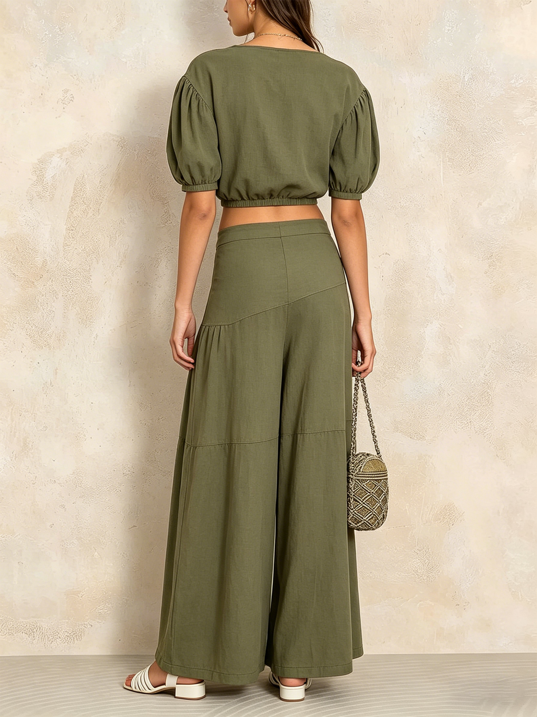 Olive Green Linen-Blend Two-Piece Set - Puff Sleeve Crop Top & Tiered Wide Leg Pants