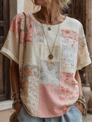 Women's Vintage Floral Patchwork Print Linen Blend T-shirt
