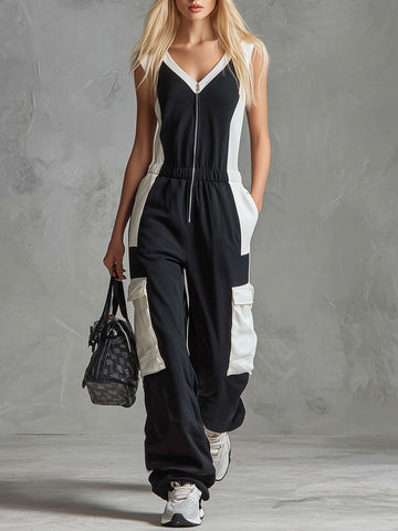 Casual Retro Sporty Black And White Color-blocked V-neck Half-zip Jumpsuit