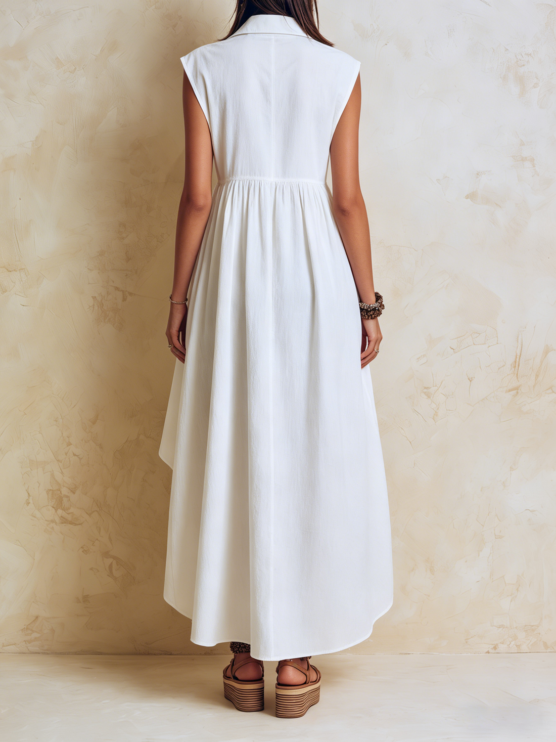 White Linen-Blend Sleeveless High-Low Shirt Dress with Pockets
