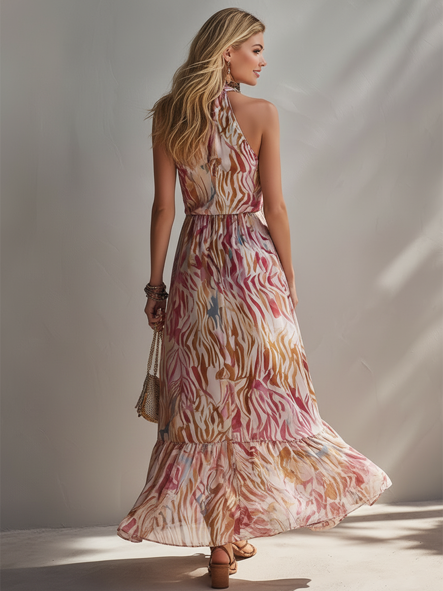 Retro-Chic Ombré Pink Zebra Print Chiffon Sleeveless Maxi Dress