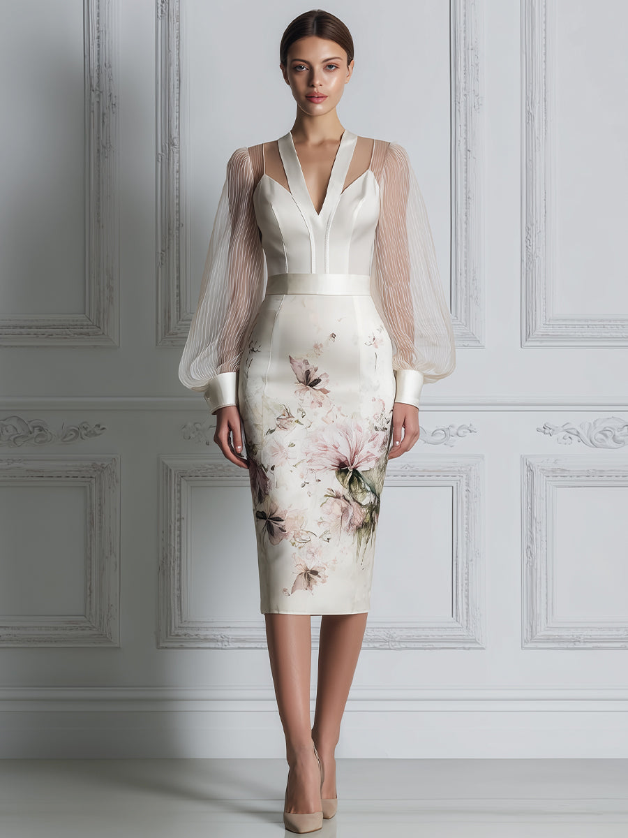 Sheer Pleated Sleeve Deep V-Neck Floral Print Fitted Midi Dress