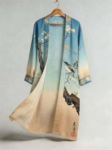 Japanese Bird Plum Blossom Gradient Flowy Long Linen Kimono