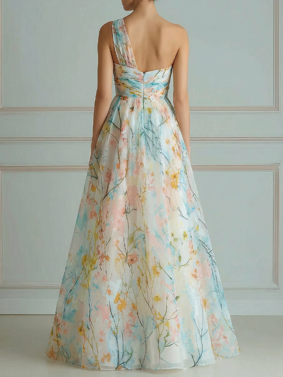 One-Shoulder Watercolor Floral A-Line Maxi Dress