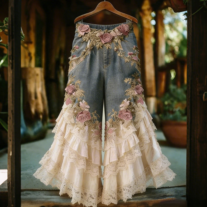 Women's Bohemian Floral Embroidered Patchwork Art Jeans