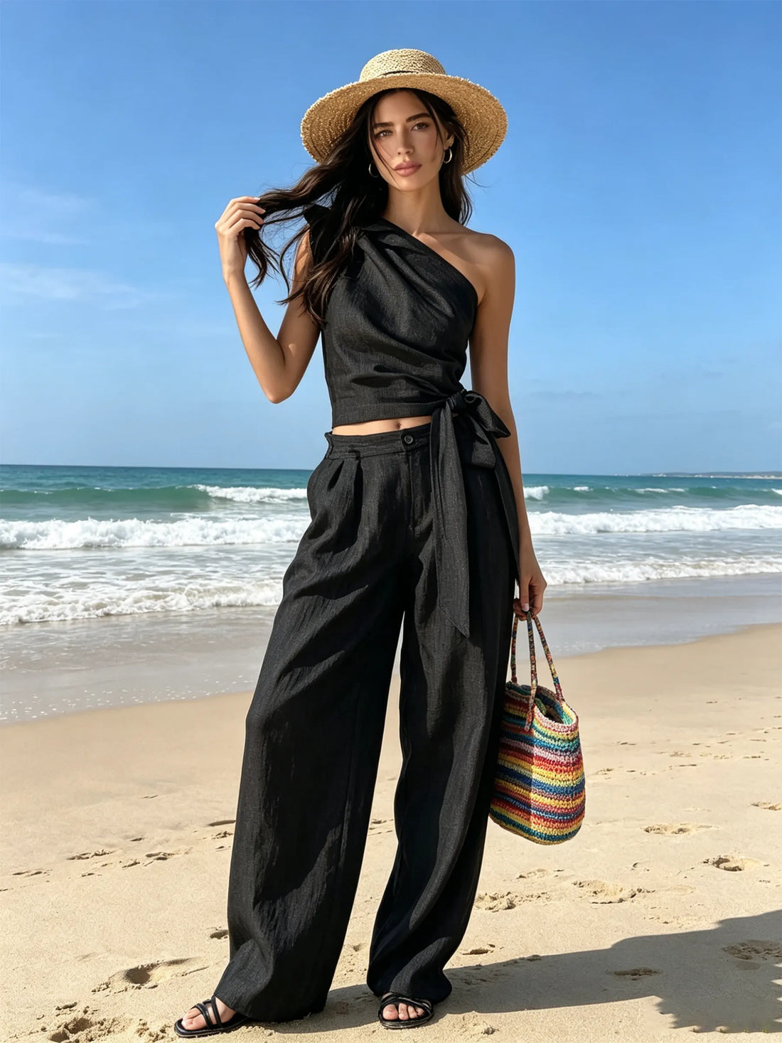 Black Linen-Blend One-Shoulder Bow Top & Wide-Leg Pants Two-Piece Set