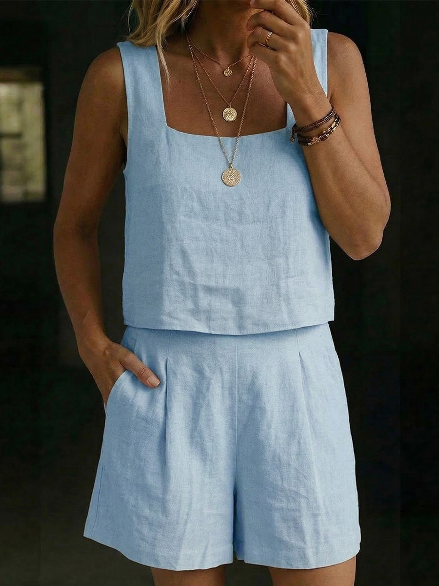Women's Linen Sleeveless Top And Shorts Set