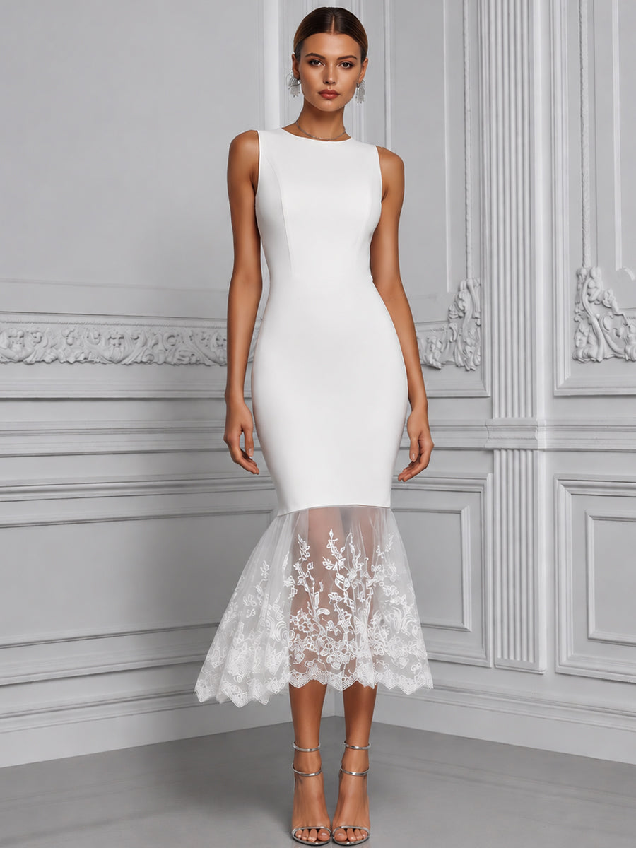 Sleeveless Sculpted Mermaid Midi Dress With Sheer Lace Hem