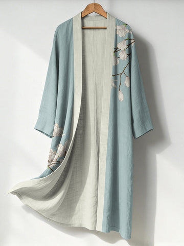 Japanese Magnolia Lino Art Flowy Long Linen Kimono
