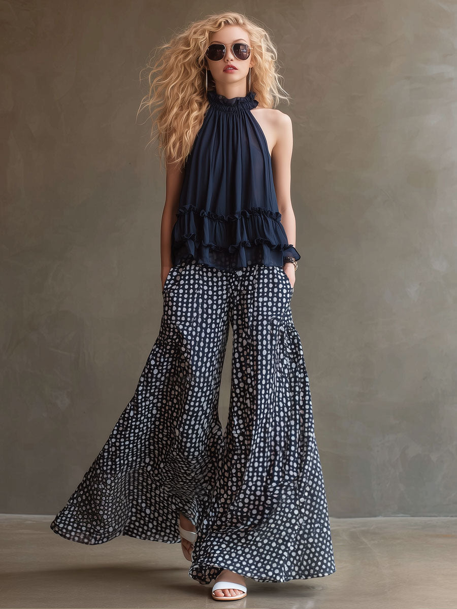 Vacation Retro Navy Blue Chiffon Ruffled Top And Polka Dot Flared Pants Set