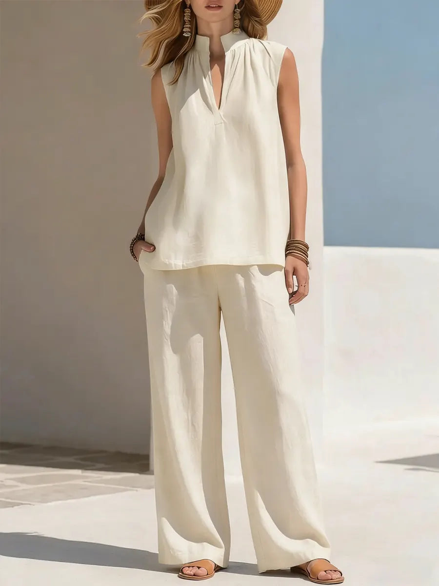 Women's V-neck Cotton And Linen Wide-leg Pants Set
