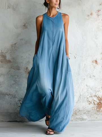 Sleeveless Denim Wide-Leg Pocket Jumpsuit