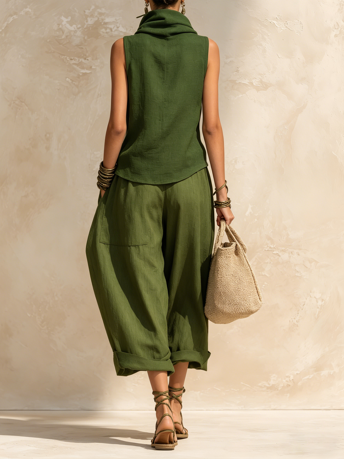 Olive Cowl Neck Sleeveless Linen-Blend Co-ord Set With Drop-Crotch Pants