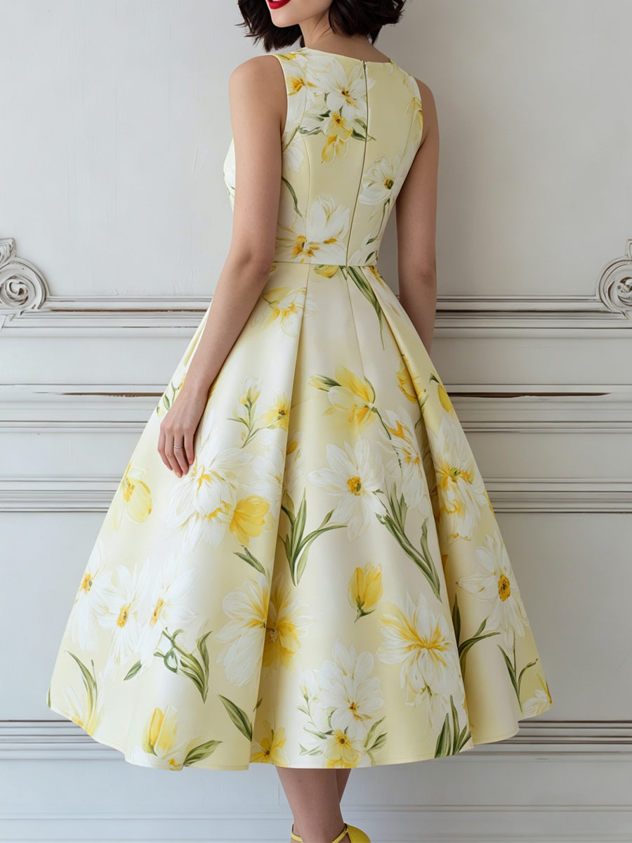 Elegant Yellow & White Floral Print Sleeveless Midi Dress