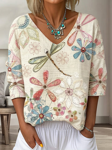 Women's Vintage Floral In Gradient Art Print Flowy Linen Blend  Three-quarter Sleeve V Neck Linen Tops