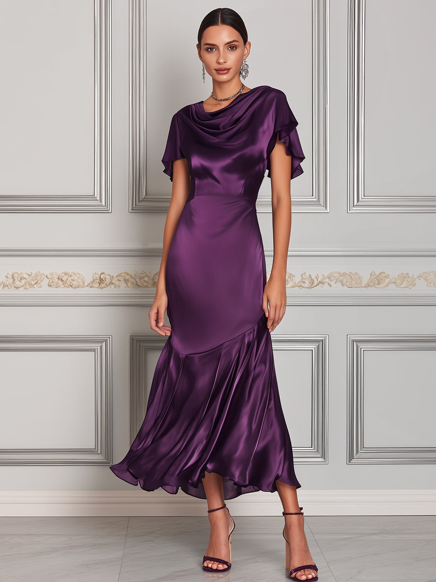 Elegant Satin Draped Mermaid Midi Dress