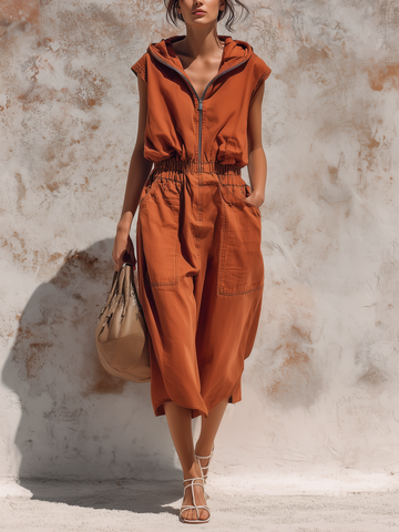 Hooded Sleeveless Utility Knee-Length Jumpsuit