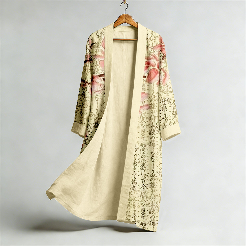 Vintage Floral Calligraphy Art Flowy Linen Long Kimono