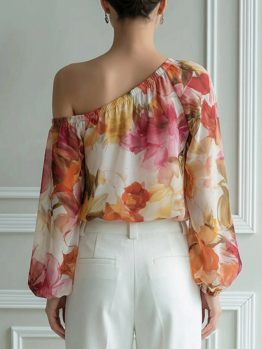 One-Shoulder Floral Sheer Sleeve Blouse