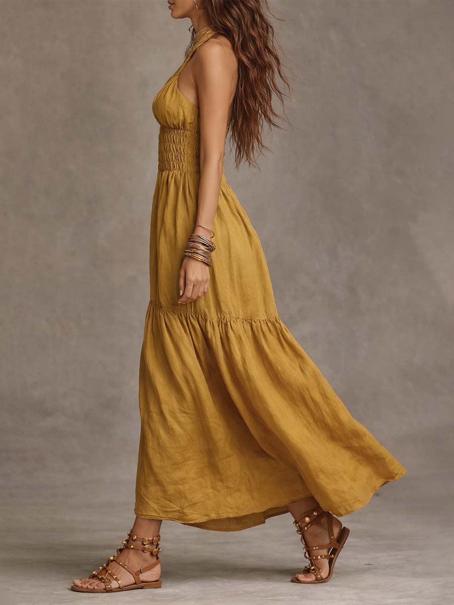 Bohemian Cotton-Linen Halter Smocked Tiered Maxi Dress