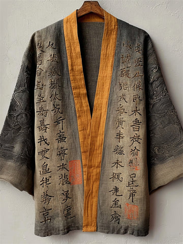 Japanese Ancient Calligraphy Art Faded Linen Kimono