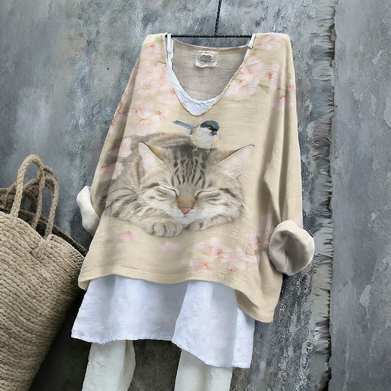 Women's Cute Cat With Cherry Blossoms Ink Art V-neck Linen Blend T-shirt