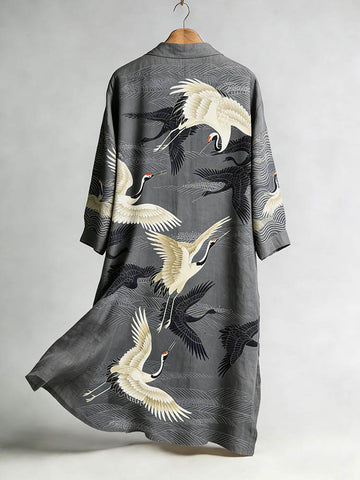 Women's Japanese Crane Art Pattern Linen Long Kimono