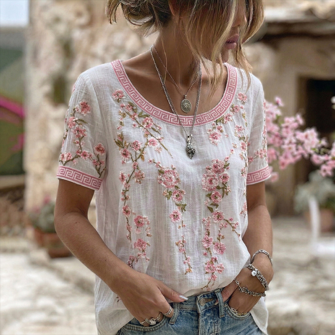 Women's Japanese Flower Art Print Round Neck Short Sleeve T-shirt