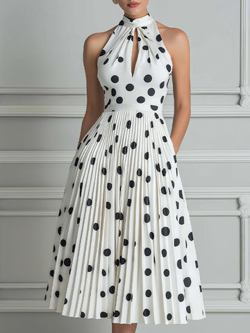 Vintage-Inspired Polka Dot Halter Pleated Midi Dress