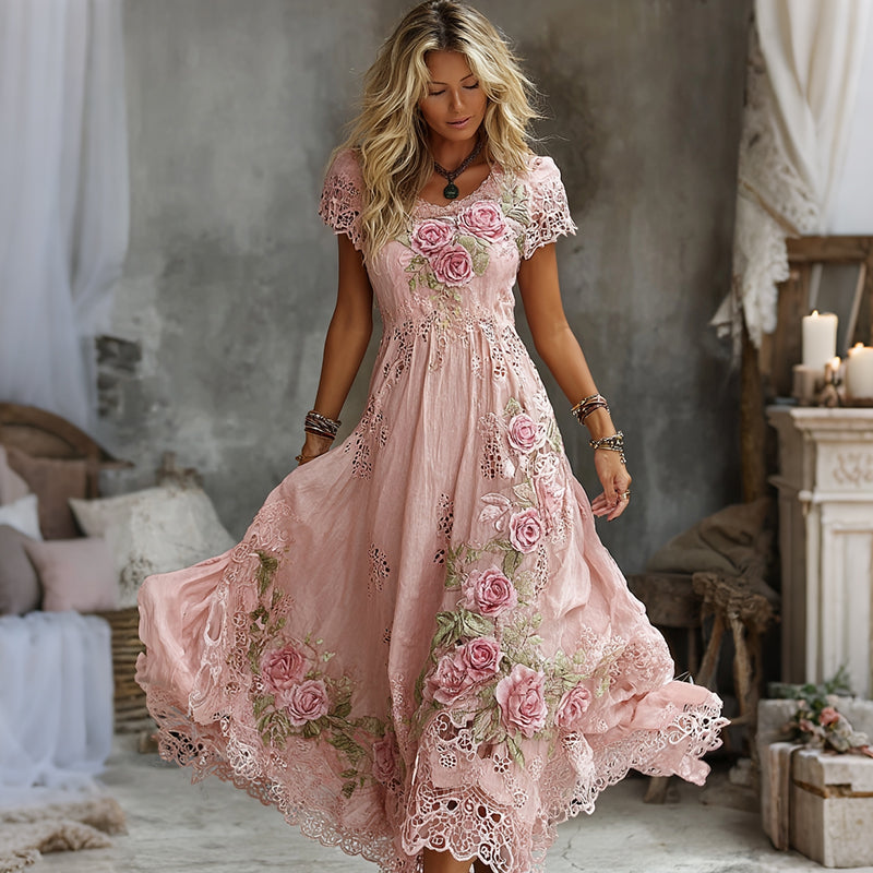 Women's Vintage Rose Floral Art Embroidery Casual Maxi Dress