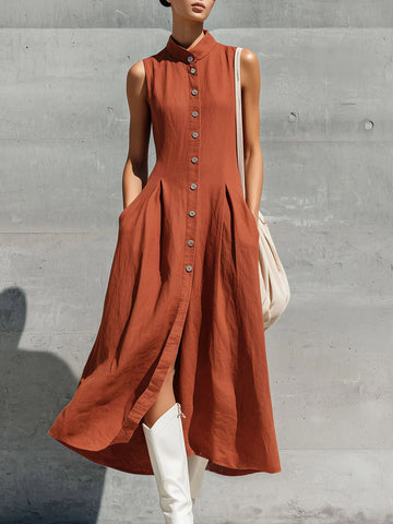 Women's Solid-color Stand-collar Sleeveless Loose-fit Cotton-linen Casual Dress