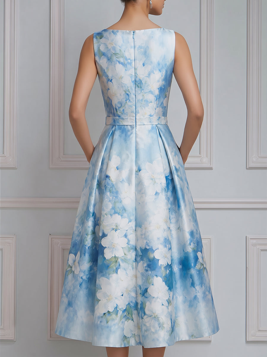 Sleeveless Floral Print Structured A-Line Midi Dress